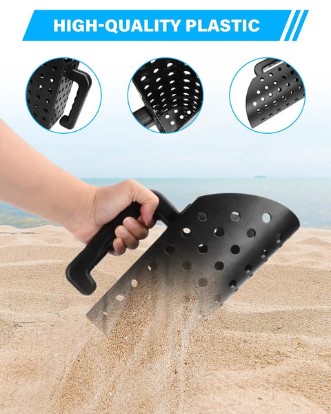 Black plastic sand scoop used in Stainless Steel Metal Detecting Shovel Kit With Foldable Beach Sand Scoop And Finds Bag