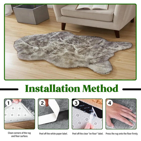 Installation method for Non Slip Rug Gripper Pads 20 Pack Set with adhesive backing, showing step-by-step instructions on hardwood floor.