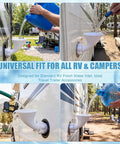 Collage of RV Water Inlet Funnel With 3.4 Inch Wide Mouth For Fast Fresh Water Tank Filling Quick Campground Refill in use