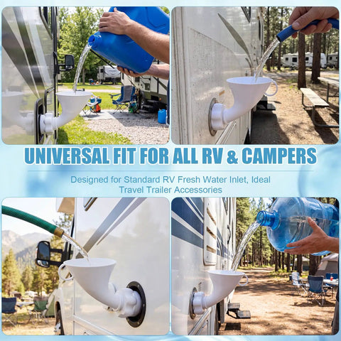 Collage of RV Water Inlet Funnel With 3.4 Inch Wide Mouth For Fast Fresh Water Tank Filling Quick Campground Refill in use
