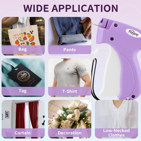 Wide application of a purple stitch gun for clothes handheld sewing kit with safety storage box, shown with bag, pants, tag, t-shirt, curtain, decoration, and low-necked clothes.