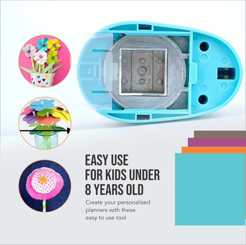 Blue paper punch for kids with flower craft examples, emphasizing easy use for Six Shapes 1 Inch Paper Punches For Crafting Scrapbooking And Card Making Durable White Hole Punches With Ergonomic Handle That Punches Through Multiple Sheets Great For Kindergarten Classrooms Teachers And Kids Diy Projects.