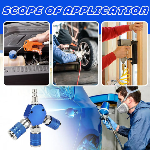 Quarter Inch NPT 3 Way Air Hose Splitter With Quick Connect Fittings in use in a garage with three tools connected