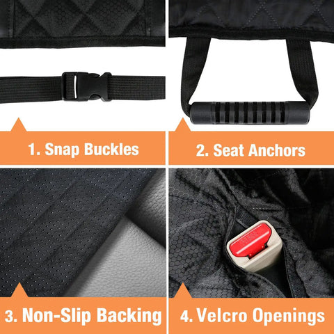 Close-up of waterproof nonslip pet bench seat cover features: snap buckles, seat anchors, non-slip backing, and Velcro openings.