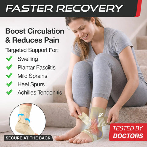 Ankle Brace For Sprains And Plantar Fasciitis Relief, Adjustable Compression Sleeve With Removable Strap, used by woman at home