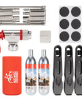 All In One Bicycle Repair Kit With CO2 Inflator And Cartridges, 8 In 1 Multi Tools, Tire Patch Kit, Levers And Spare Tubes, Emergency Roadside Bike Maintenance Toolkit For Quick Fixes On The Go, showing multitool, inflator, cartridges, patches, levers.