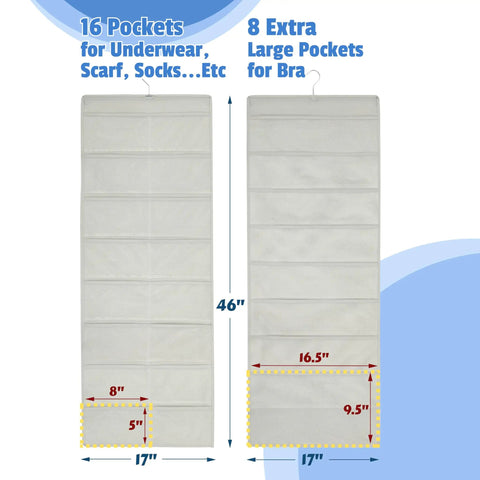 Must Have Double Sided Hanging Closet Organizer With 24 Pockets For Bras And Underwear Eight Extra Large Bra Pockets And Sixteen Standard Pockets Rotating Hanger Durable Mesh Fabric Gray 1 Pack shown with measurements.