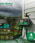 Rain Delay function on Four Zone Outdoor Sprinkler Timer with Brass Inlet and Large Dial for no fuss setup, garden view