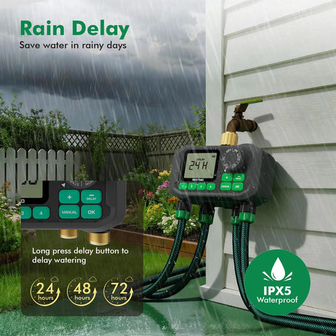 Rain Delay function on Four Zone Outdoor Sprinkler Timer with Brass Inlet and Large Dial for no fuss setup, garden view