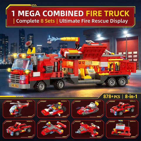 8 In 1 Fire Rescue Building Set Kit With Fire Station Large Fire Engine Fire Boat Rescue Helicopter Fire Plane And Emergency Vehicle Buildable Models For Grown Ups Collectible Construction Gift, 878 pcs