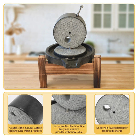 Old School Stone Grain Mill Hand Grinder with disks, stainless steel handle, natural granite stone on wooden countertop