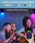 Party scene with friends enjoying music under Smart WiFi And Bluetooth Color Changing LED Bulbs With Music Sync, phone app control