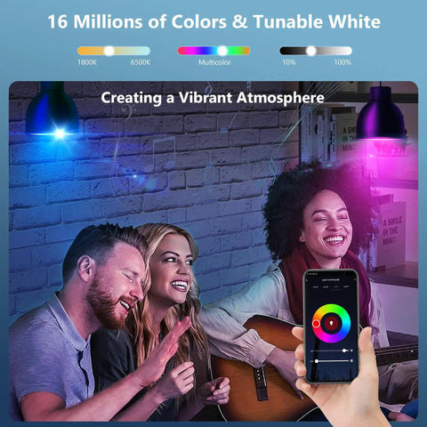 Party scene with friends enjoying music under Smart WiFi And Bluetooth Color Changing LED Bulbs With Music Sync, phone app control