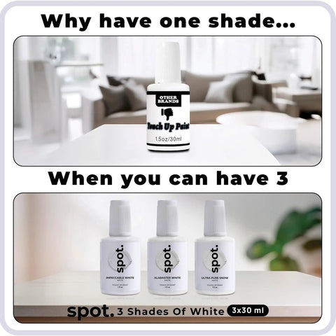 Two images comparing one generic touch up paint with the Three Shade Matte White Touch Up Paint Kit For Cabinets Walls Doors And Furniture.