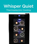 Compact 8 Bottle Capacity Wine Fridge With LED Display And Interior Light showing chrome racks and temperature controls