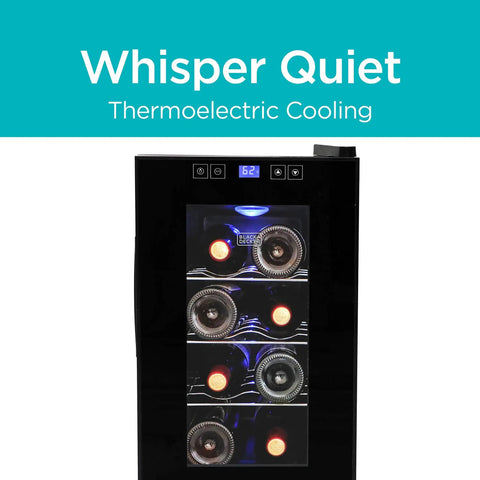 Compact 8 Bottle Capacity Wine Fridge With LED Display And Interior Light showing chrome racks and temperature controls