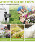 66Ft Drip Irrigation Kit With Timer No Fuss Hands Free Automatic Garden Watering System shown in use in various settings.