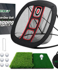 Golf Chipping Net Set With Mat And 12 Practice Balls For Backyard And Indoor Practice Portable All In One Golf Training Kit including net, mat, balls, tees, and bag.