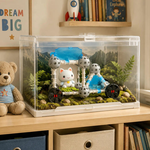 STEM Building Toys For Kids 160 Piece Educational Engineering Blocks Kit with cute cat and clear storage box display