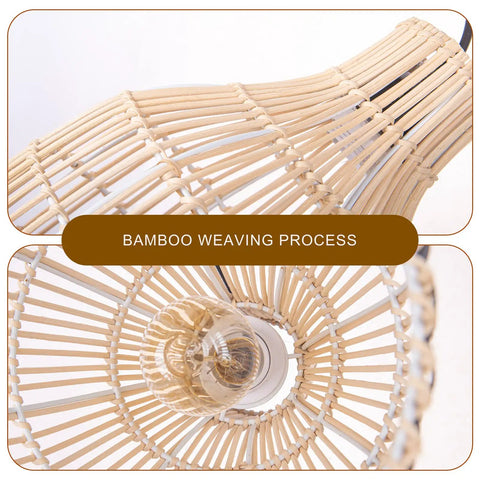 Close-up of Rattan Pendant Light With Handmade Woven Lampshade showcasing bamboo weaving process and light bulb detail