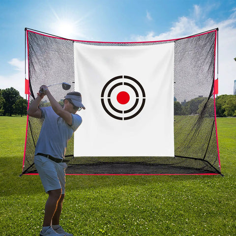 Portable Golf Target Cloth For Backyard Driving Range 5 By 6 Foot Hitting Training Aid with golfer practicing swing outdoors.