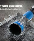 3-inch blue wet diamond core drill bit for concrete, installed on a drill
