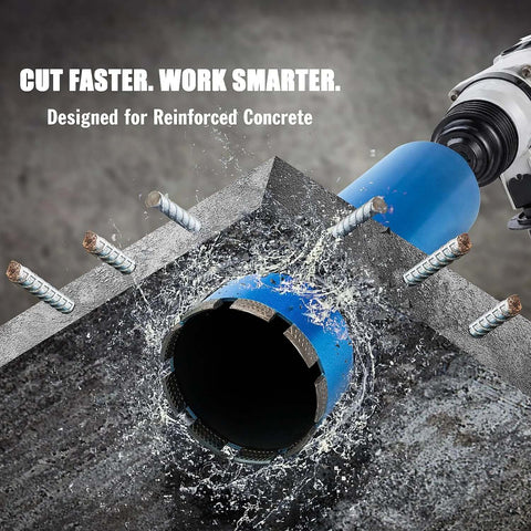 3-inch blue wet diamond core drill bit for concrete, installed on a drill