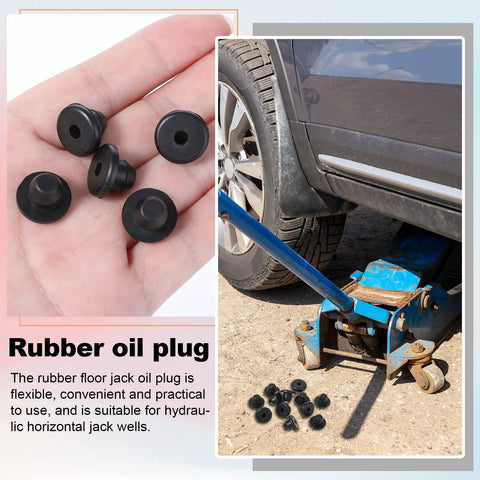 Bulk 12 Pack Rubber Jack Oil Plugs, Flat Head Hydraulic Filler Bung For Oil Reservoir Hole shown with tools in use