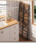 Dope Five Tier Folding Bookshelf Brings Hassle Free Assembly And Slick Industrial Vibes To Your Space Perfect For Bedroom Living Room Or Home Office With Super Sturdy Rustic Brown Shelving Units stored in a corner against tiled wall.