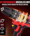 All-In-One Workhorse 20V Max Brushless Cordless Power Tool Combo Kit With 9-In-1 Attachments drill showing variable speed trigger control.