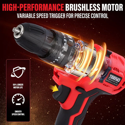 All-In-One Workhorse 20V Max Brushless Cordless Power Tool Combo Kit With 9-In-1 Attachments drill showing variable speed trigger control.
