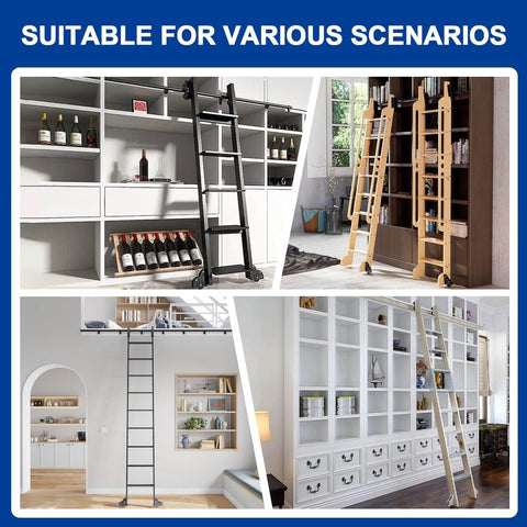 Sliding Barn Door Hardware Kit With Library Rolling Ladder Track Bracket System installed, showing ladder rail use in various rooms.
