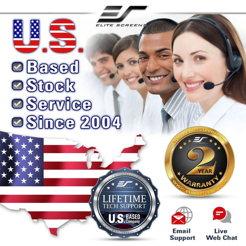 Customer support team with USA map graphic, warranty seal, and service since 2004 for Massive Nine Point Eight By Thirteen Point One Foot Golf And Multi Sport Simulator Impact Screen With Grommets And Black Masking Borders For Home Setup DIY And Ultra Clear Theater Quality Projection.