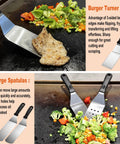 38 Piece Griddle Accessories Kit With Stainless Steel Spatulas And Tongs Smash Burger Press Griddle Chopper Meat Fork Basting Brush Egg Rings Meat Claws Carry Bag Hooks Cleaning Brush For Outdoor BBQ And Backyard Grilling showing spatulas on griddle with vegetables and chicken fillet.