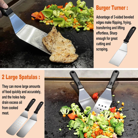 38 Piece Griddle Accessories Kit With Stainless Steel Spatulas And Tongs Smash Burger Press Griddle Chopper Meat Fork Basting Brush Egg Rings Meat Claws Carry Bag Hooks Cleaning Brush For Outdoor BBQ And Backyard Grilling showing spatulas on griddle with vegetables and chicken fillet.
