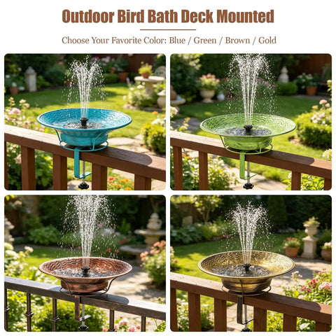 Deck Mount Bird Bath With Railing Clamp Solar Fountain 2 In 1 Feeder Vintage Brown Rustic Yard Ornament - multi-color options showcased