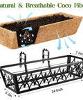 24 Inch Railing Planter Boxes 2 Pack With Adjustable Brackets And Coco Liners For Windows Deck Rails Balcony Outdoor Garden Decor Built Tough From Weatherproof Metal, showing metal framework with coco liner and dimensions