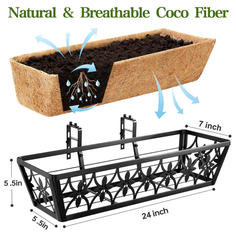 24 Inch Railing Planter Boxes 2 Pack With Adjustable Brackets And Coco Liners For Windows Deck Rails Balcony Outdoor Garden Decor Built Tough From Weatherproof Metal, showing metal framework with coco liner and dimensions