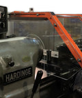Lathe Chuck Guard For Hardinge HLV And Similar Lathes, 12 Inch Wide Hinged Shield, installed on lathe, orange frame, Lexan window.