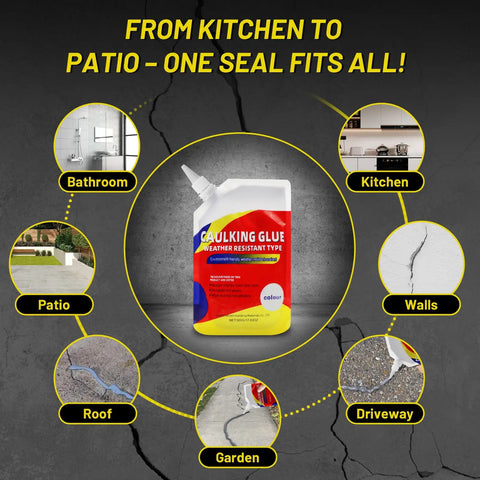 Pro Grade Heavy Duty Concrete Crack Filler Caulking Sealant Kit For Driveways, Quick Dry Waterproof Repair shown with various usage areas.