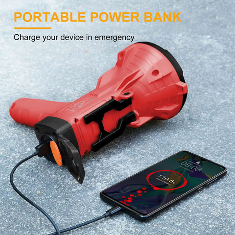 Beast Bright Rechargeable Spotlight Flashlight With 200 Lumen High Mode IP66 Waterproof charging a phone with USB-C cable.