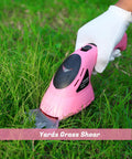 Person using 2-In-1 Electric Handheld Grass Shear And Hedge Trimmer Cordless Battery Powered No Fuss Garden Tool Pink