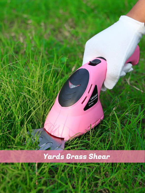 Person using 2-In-1 Electric Handheld Grass Shear And Hedge Trimmer Cordless Battery Powered No Fuss Garden Tool Pink