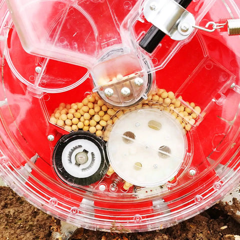 Hand Push Garden Seeder With 10 Seed Holes, Roller Planter And Fertilizer Applicator with clear seed storage box