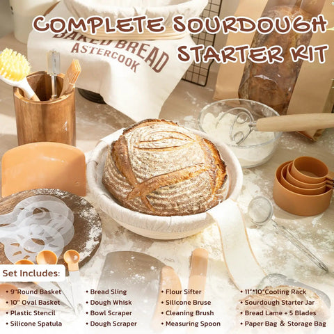 All In One Sourdough Starter Kit With Round And Oval Banneton Baskets Bread Sling Starter Jar Dough Whisk Scrapers Stencils Cooling Rack Bags And More For Easy Pro Level Home Bread Baking