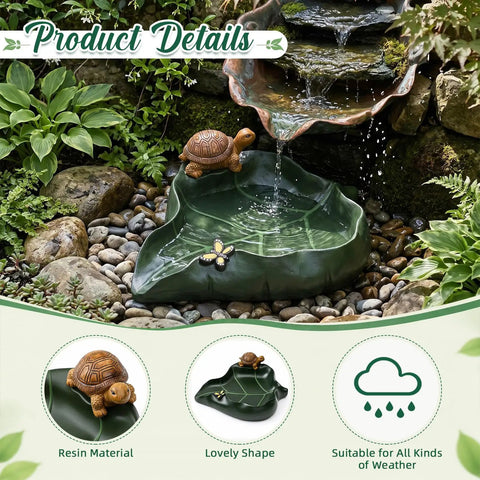 Totally Slick Leaf Shaped Splash Block With Turtle Sculpture, Resin leaf guard in garden with turtle and water feature.
