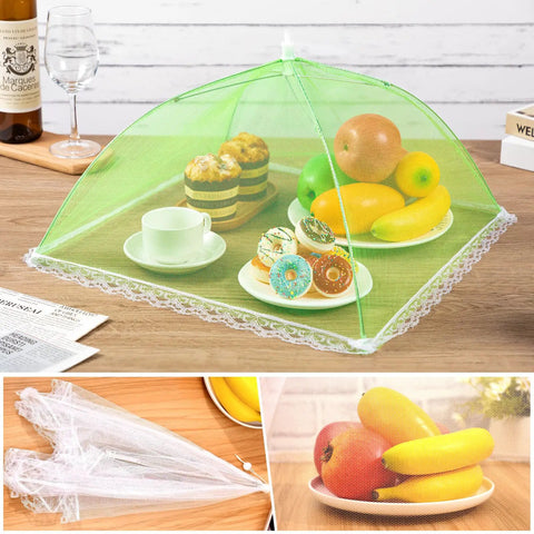 Green mesh tent from 5 Pack Mesh Food Cover Tents For Picnics And Barbecues, covering food, 17 by 17 inch coverage