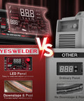 Comparison of Dual Voltage Aluminum TIG Welder With Pulse, AC/DC Inverter, Large LED Display vs. other TIG welder panel features.