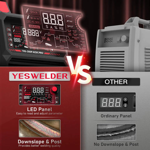 Comparison of Dual Voltage Aluminum TIG Welder With Pulse, AC/DC Inverter, Large LED Display vs. other TIG welder panel features.