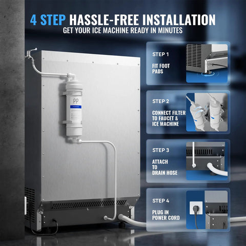 Heavy Duty Commercial Ice Maker Churning Out 110 Pounds Of Frosty Cubes Every 24 Hours With A Roomy 33 Pound Holder And No Sweat Self Cleaning Setup installation guide showing connection steps.